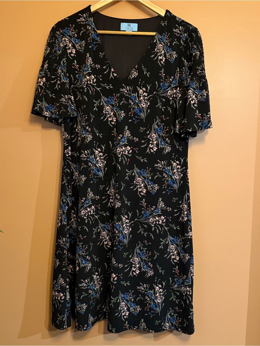 CeCe Black Floral Midi Dress Large Career Office Romantic Flutter Sleeve